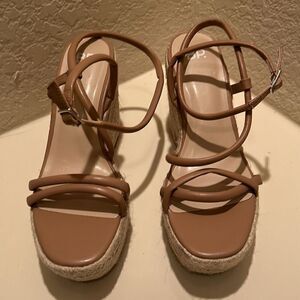 BP Women's 9 Platform Espadrille Strappy Sandals Tan Brown Faux Leather New